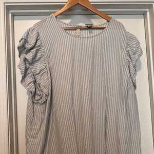 Blue and White Striped Top with Ruffle Sleeves